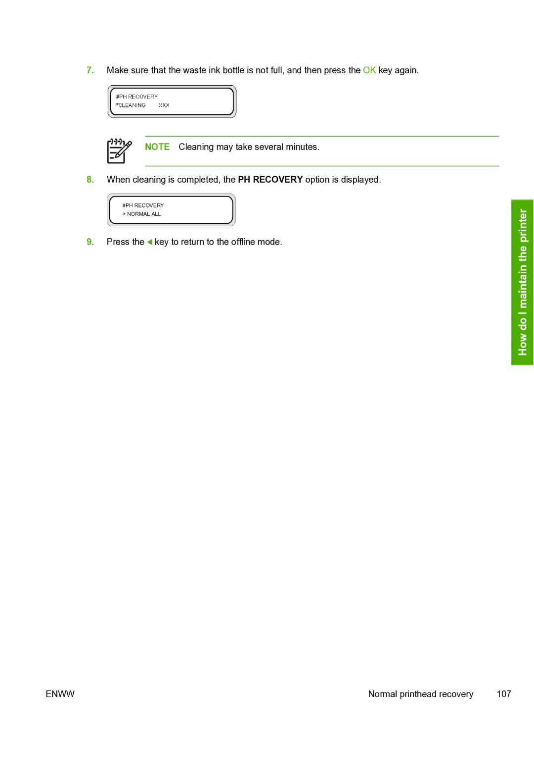 HP 8000s manual Normal printhead recovery 107 