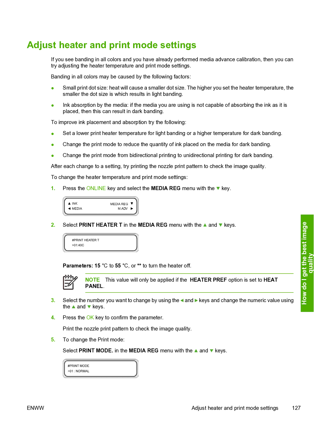 HP 8000s manual Adjust heater and print mode settings, Panel 