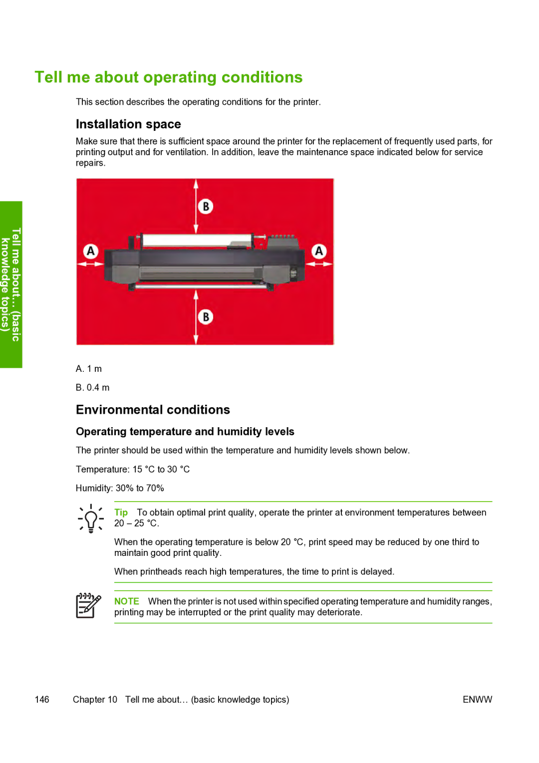 HP 8000s manual Tell me about operating conditions, Installation space, Environmental conditions 