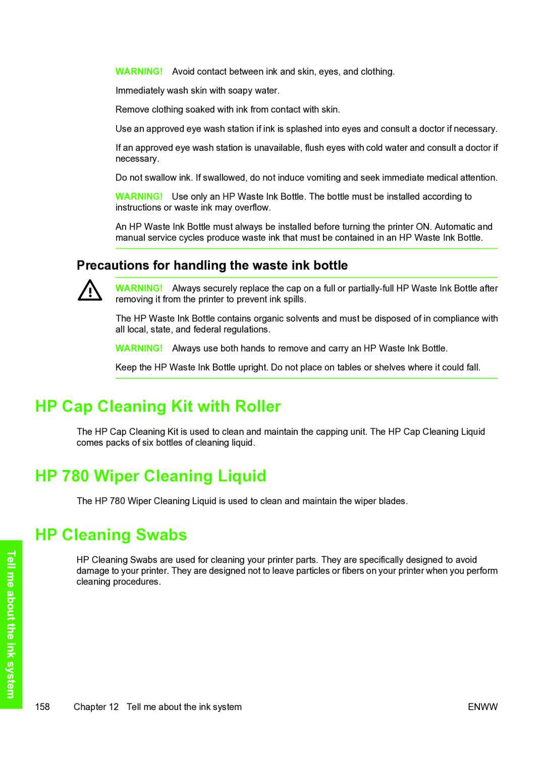 HP 8000s manual HP Cap Cleaning Kit with Roller, HP 780 Wiper Cleaning Liquid, HP Cleaning Swabs 