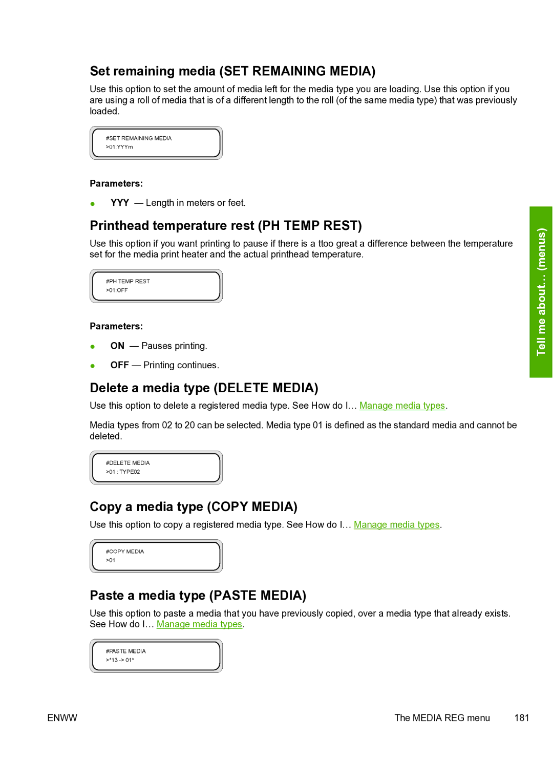 HP 8000s Set remaining media SET Remaining Media, Printhead temperature rest PH Temp Rest, Copy a media type Copy Media 