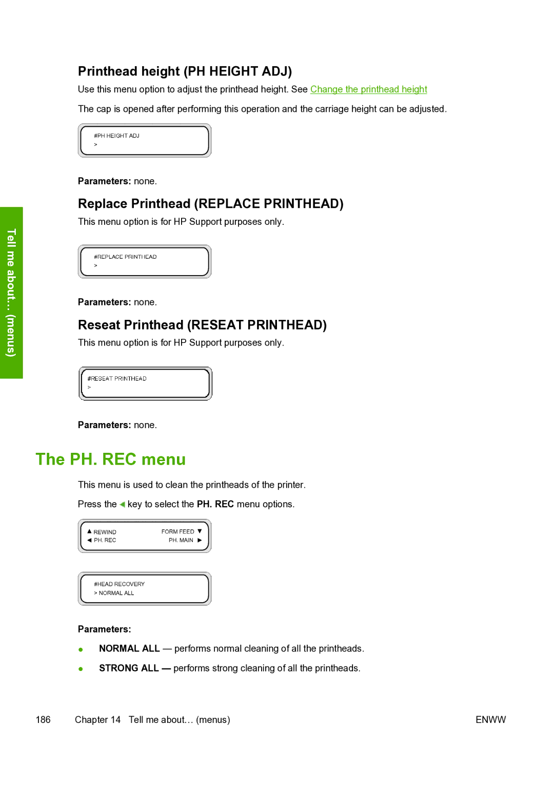 HP 8000s manual PH. REC menu, Printhead height PH Height ADJ, Replace Printhead Replace Printhead 