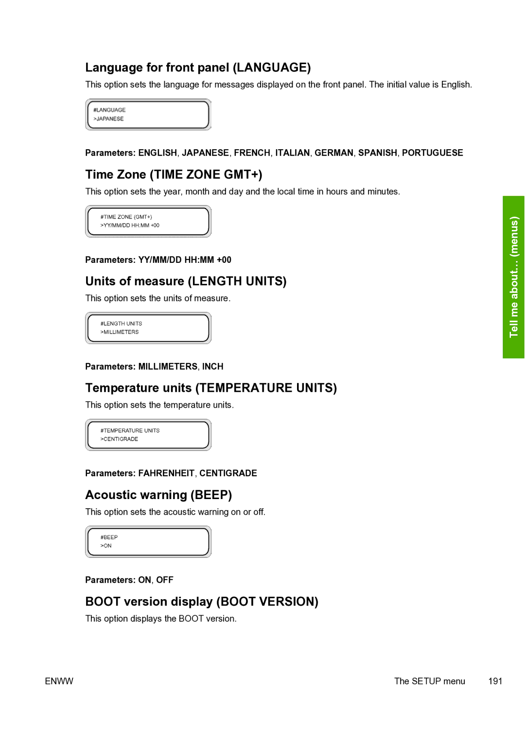 HP 8000s Language for front panel Language, Time Zone Time Zone GMT+, Units of measure Length Units, Acoustic warning Beep 