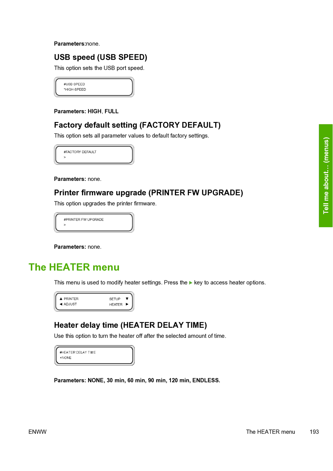 HP 8000s Heater menu, USB speed USB Speed, Factory default setting Factory Default, Heater delay time Heater Delay Time 