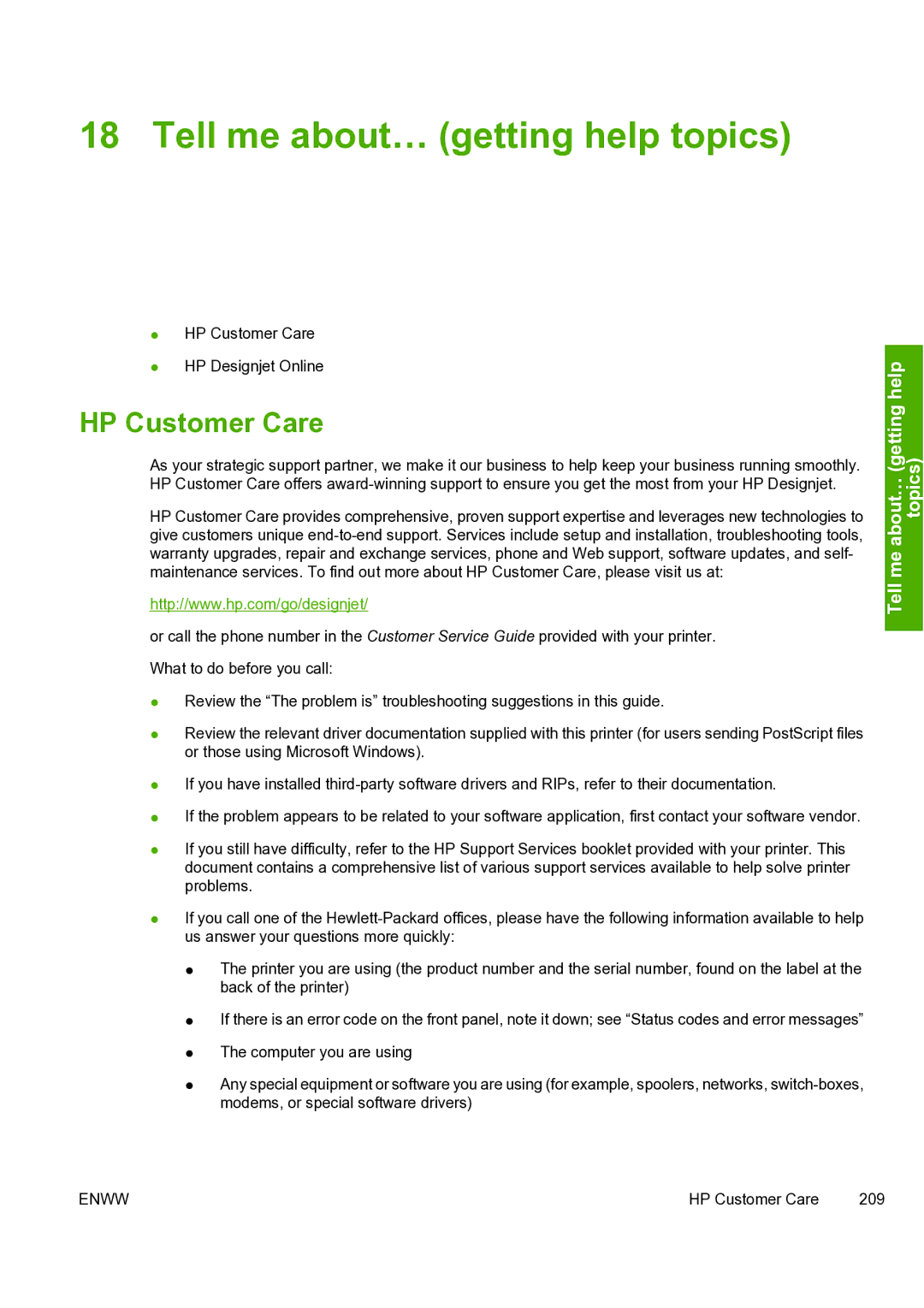 HP 8000s manual Tell me about… getting help topics, HP Customer Care 