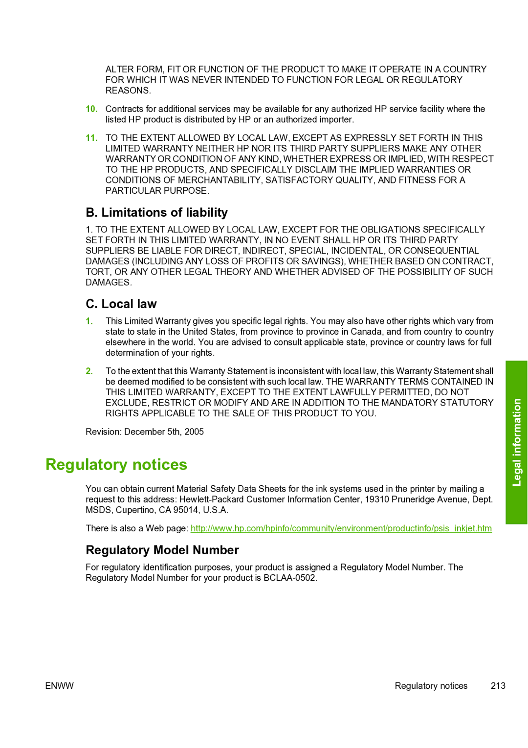 HP 8000s manual Regulatory notices, Limitations of liability, Local law, Regulatory Model Number 