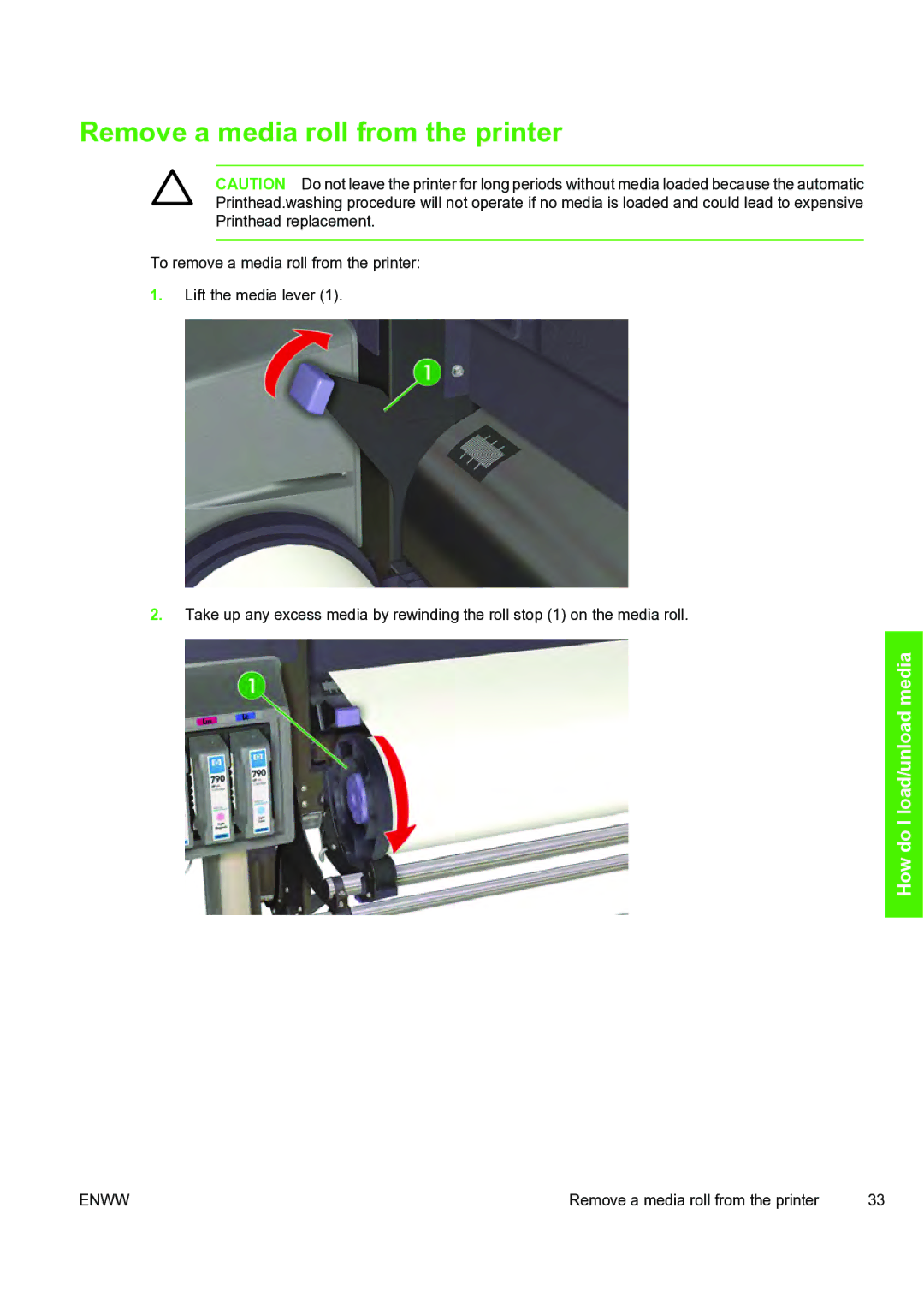 HP 8000s manual Remove a media roll from the printer 