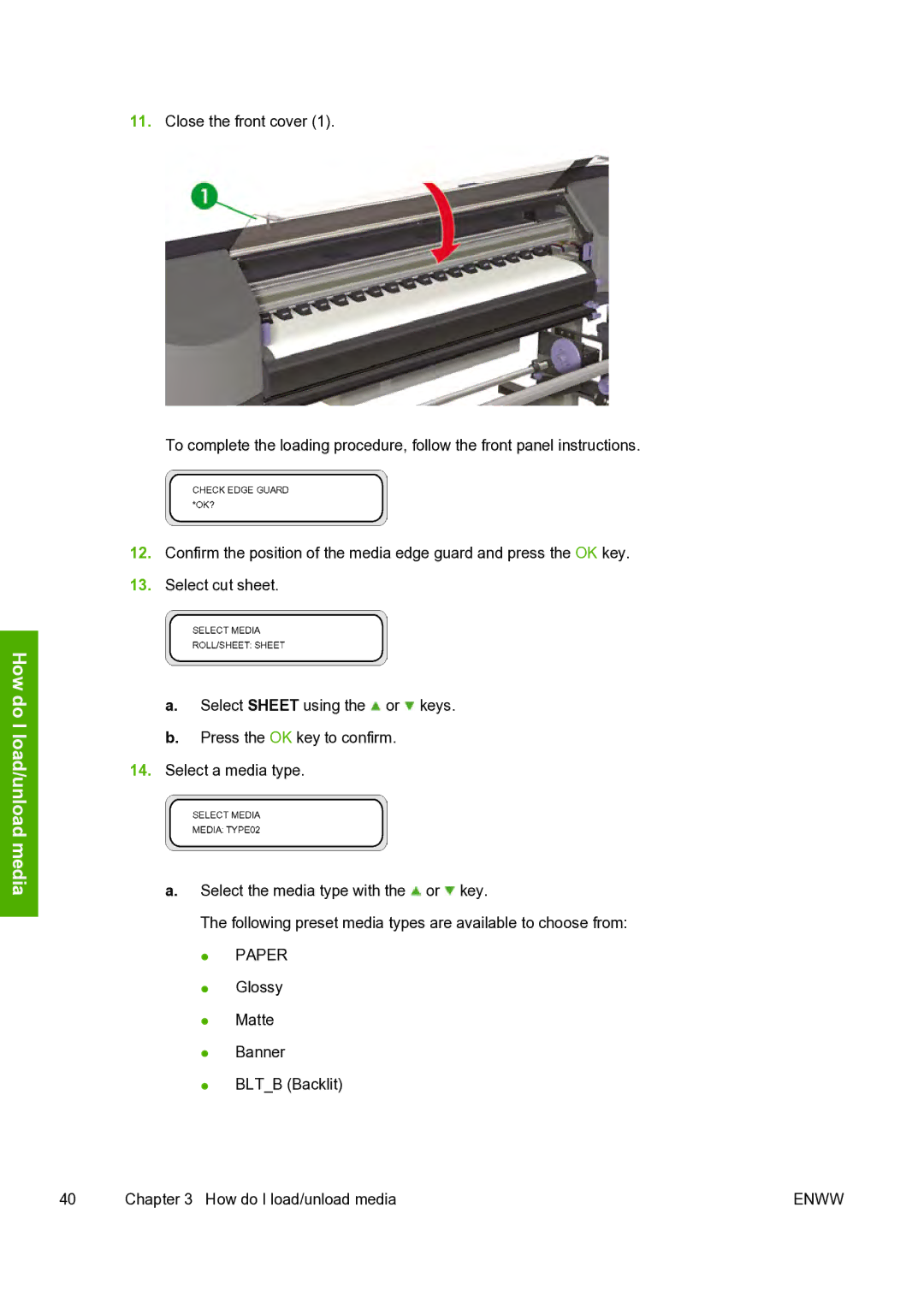HP 8000s manual Glossy Matte Banner Bltb Backlit How do I load/unload media 