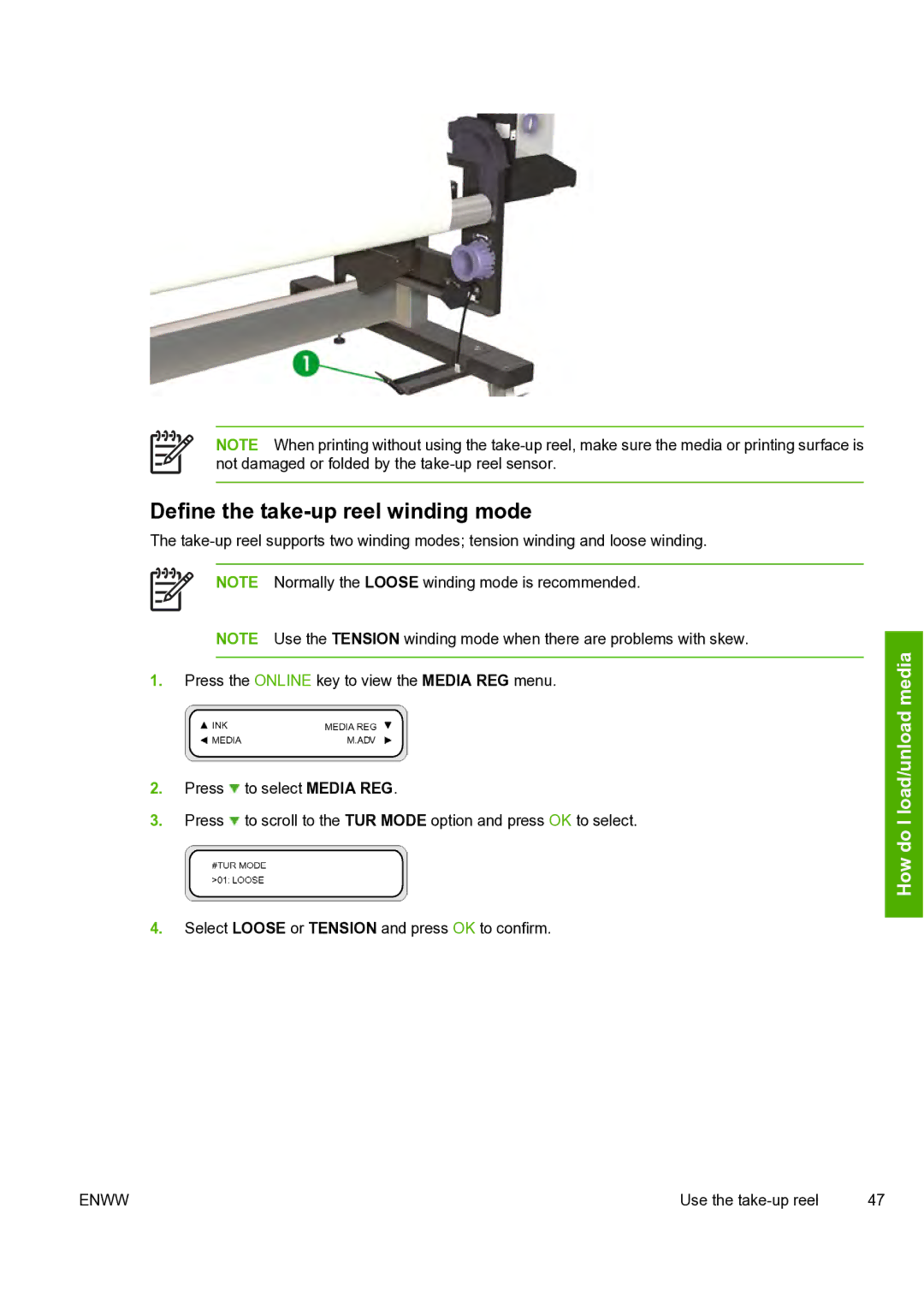 HP 8000s manual Define the take-up reel winding mode 