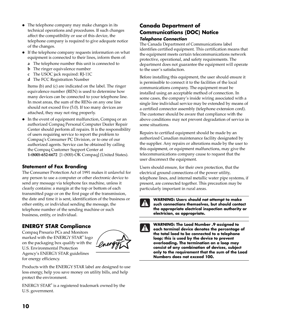 HP S6020WM, 8000T-P8655K Energy Star Compliance, Canada Department Communications DOC Notice, Statement of Fax Branding 