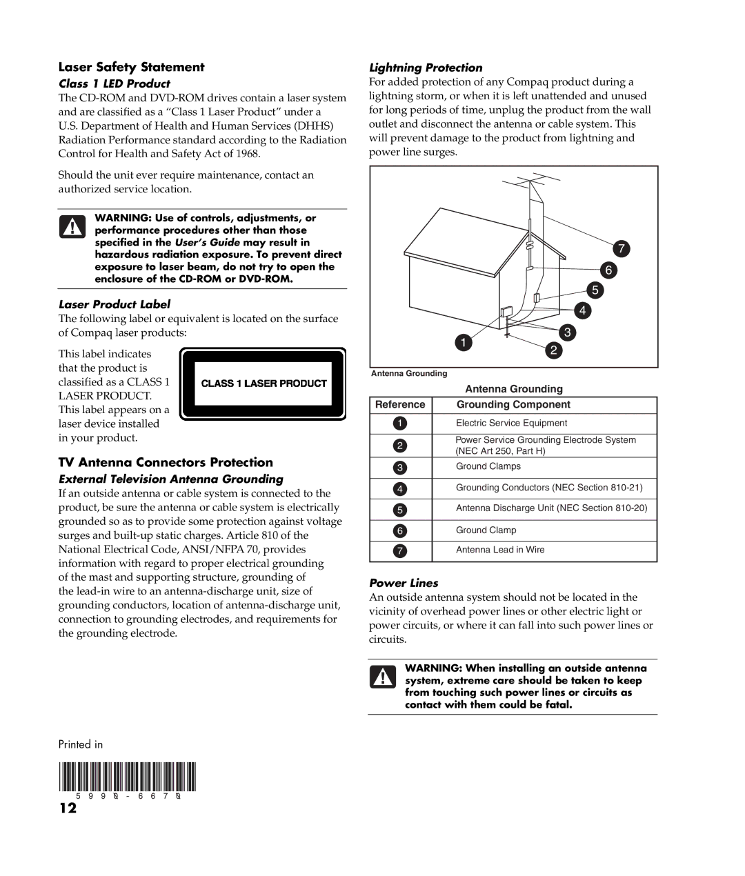 HP S6010V-P8657E, 8000T-P8655K, 8000T-P8655B, 8000T-P8655C, S6220WM Laser Safety Statement, TV Antenna Connectors Protection 