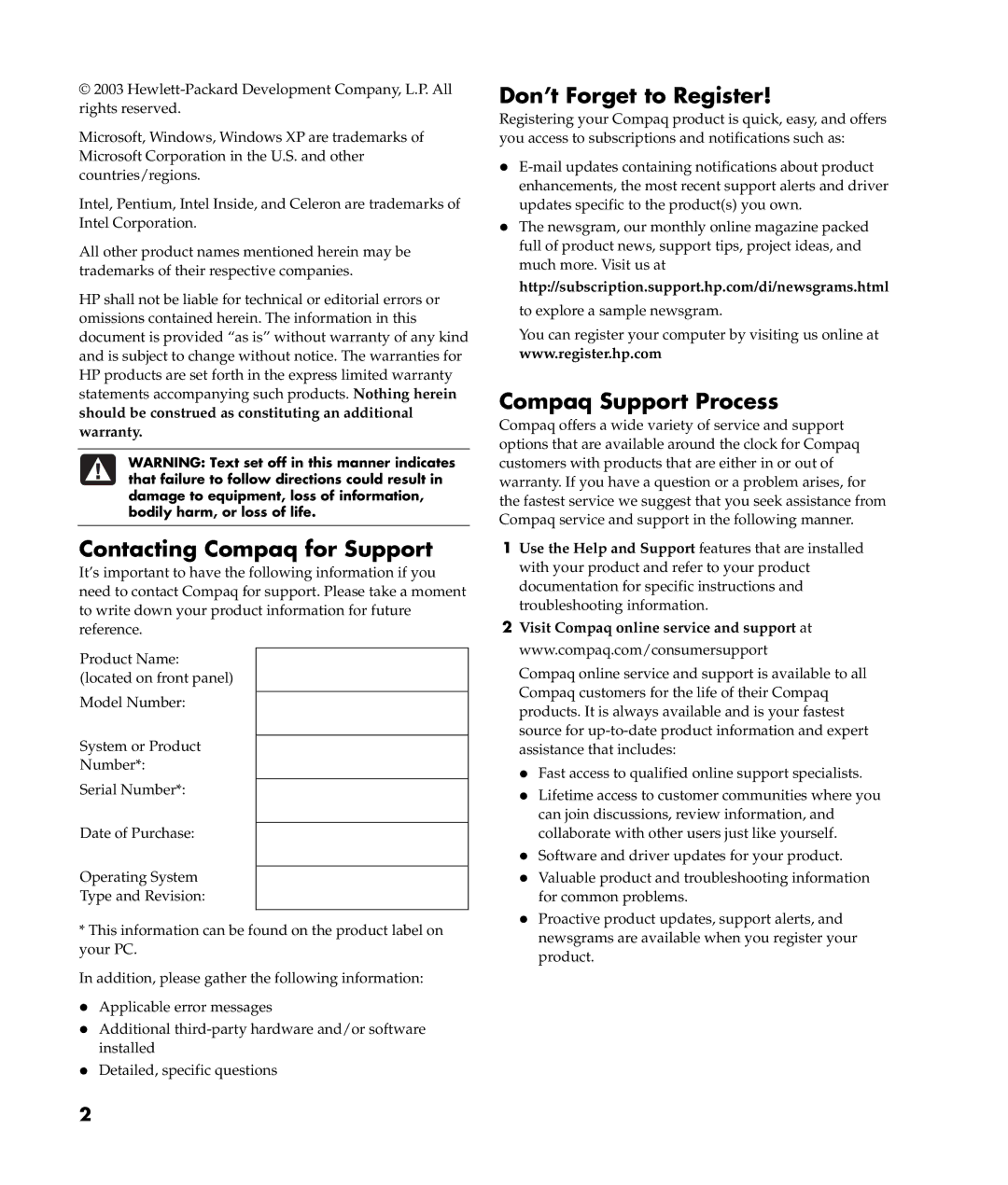 HP 8000T-P8655C, 8000T-P8655K, 8000T-P8655B Contacting Compaq for Support, Don’t Forget to Register, Compaq Support Process 