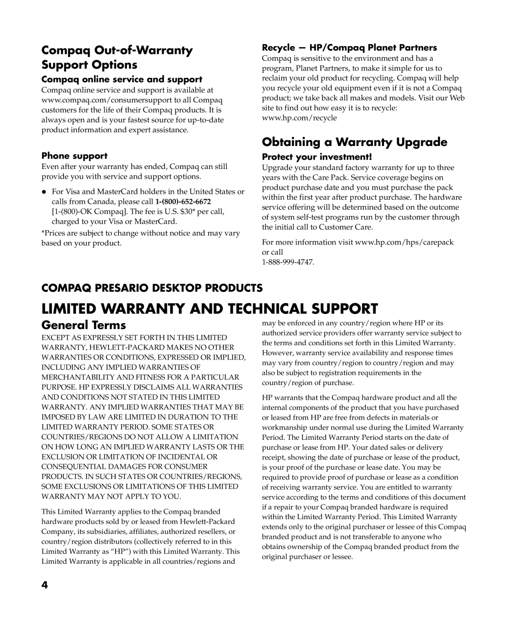 HP 8000Z-P8657C, 8000T-P8655K, S6220WM Compaq Out-of-Warranty Support Options, Obtaining a Warranty Upgrade, General Terms 