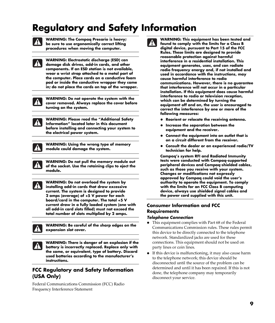 HP S6030NX, 8000T-P8655K, S6220WM FCC Regulatory and Safety Information USA Only, Consumer Information and FCC Requirements 