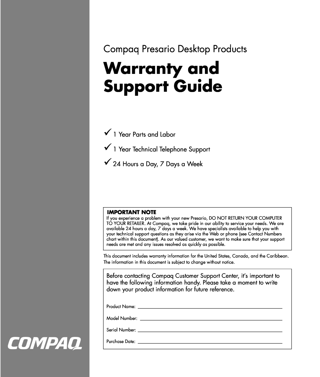 HP 8000T-P8655B, 8000T-P8655K, S6220WM manual Important Note, Warranty and Support Guide, Compaq Presario Desktop Products 