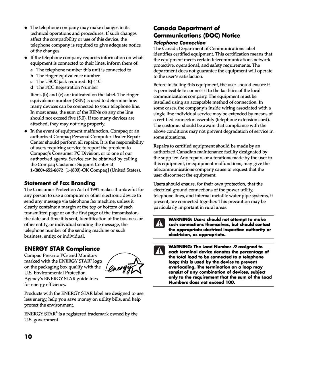 HP S6020WM, 8000T-P8655K ENERGY STAR Compliance, Canada Department of Communications DOC Notice, Statement of Fax Branding 