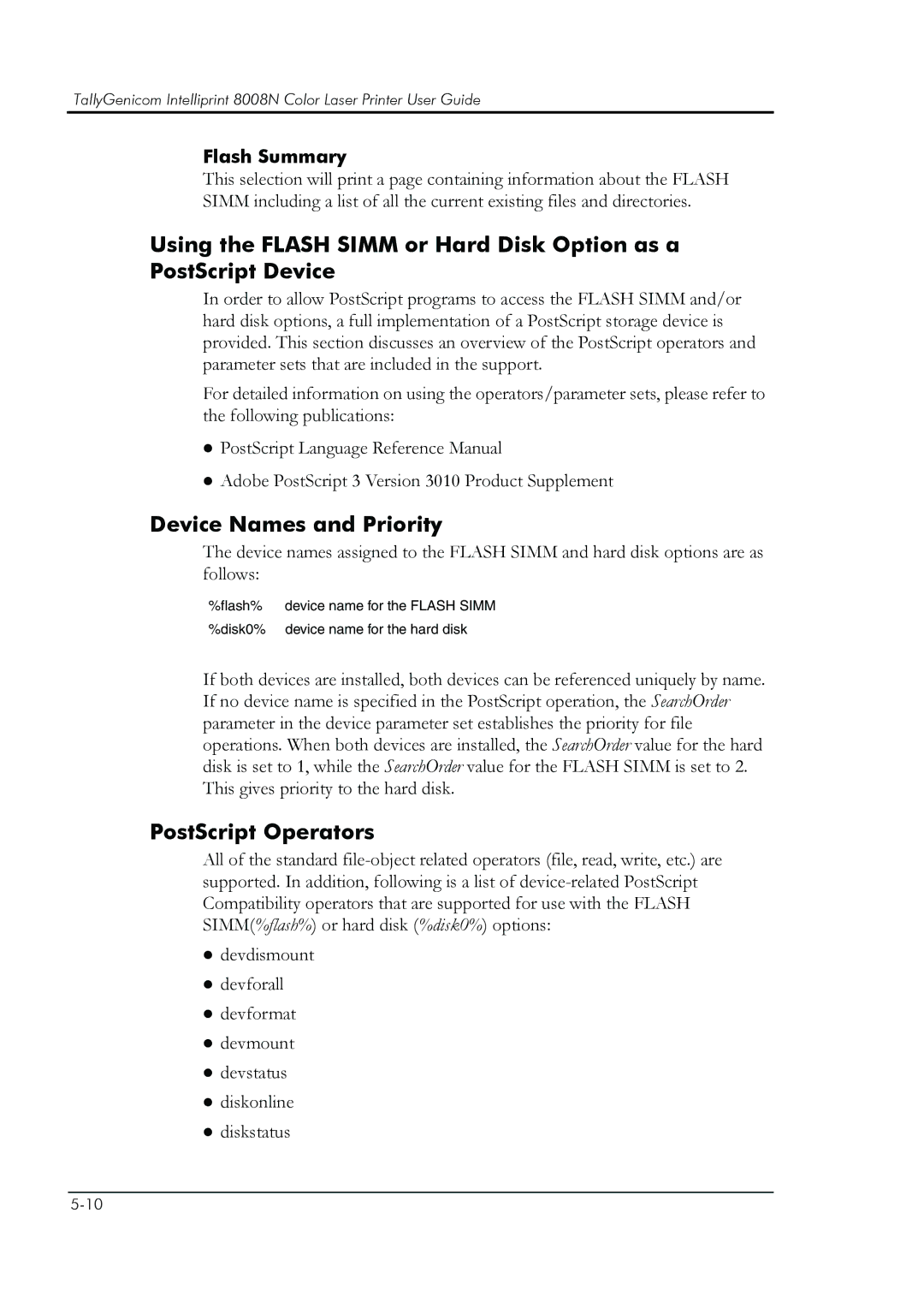 HP 8008N manual Device Names and Priority, PostScript Operators, Flash Summary 