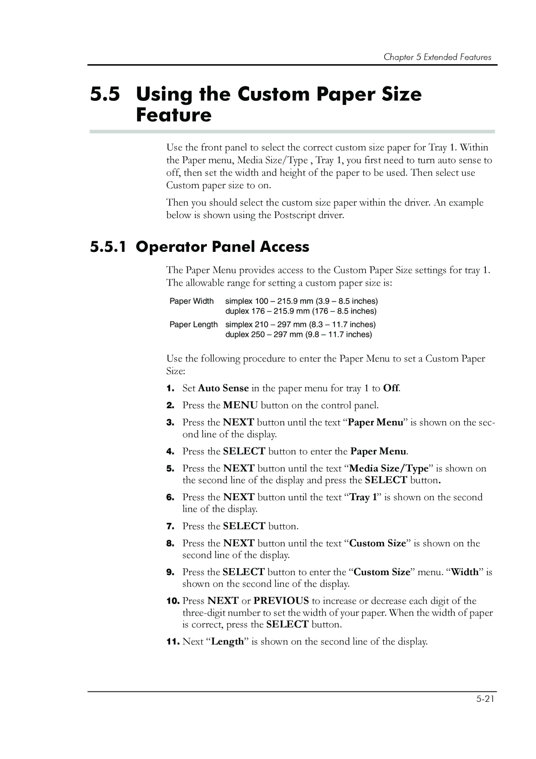 HP 8008N manual Using the Custom Paper Size Feature, Operator Panel Access 