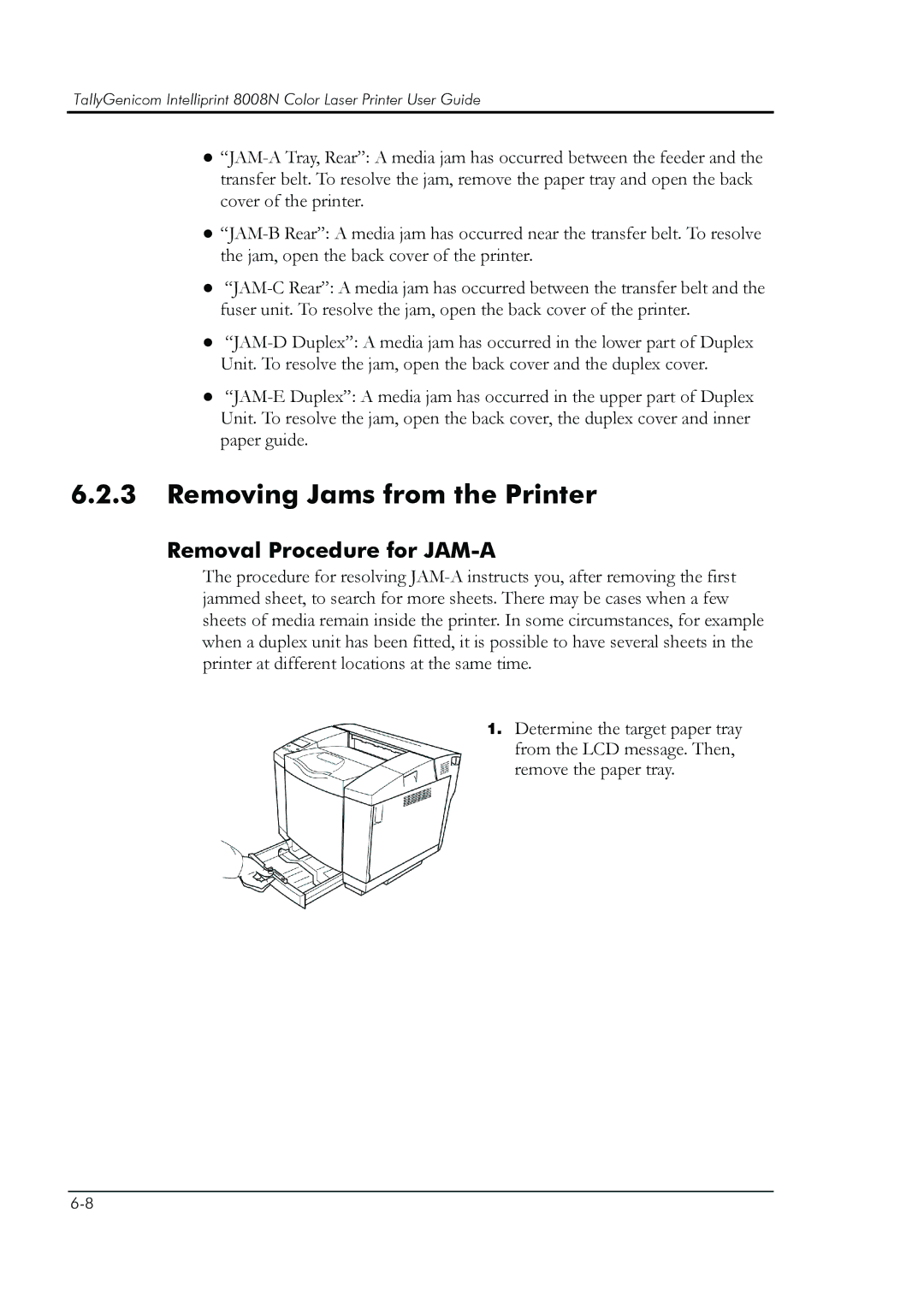 HP 8008N manual Removing Jams from the Printer, Removal Procedure for JAM-A 