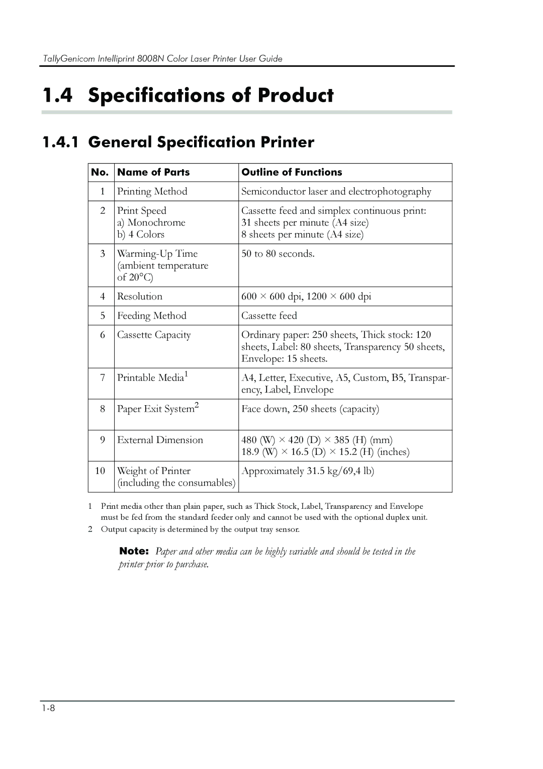 HP 8008N manual Specifications of Product, General Specification Printer 