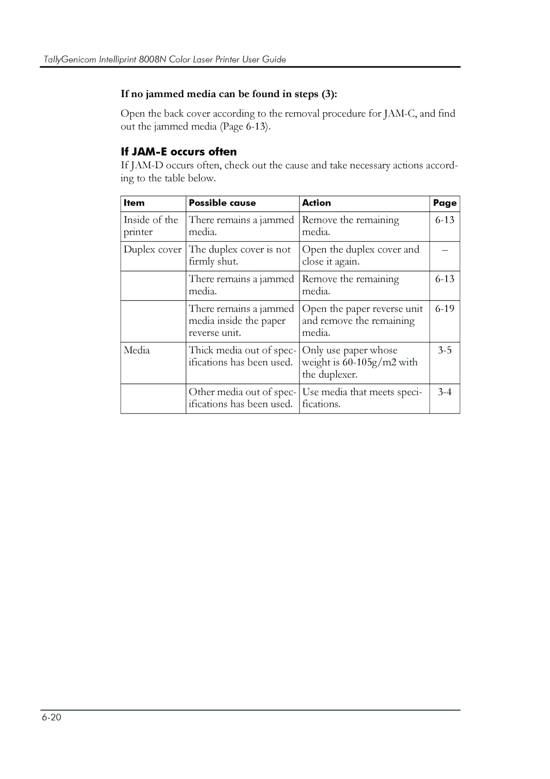 HP 8008N manual If no jammed media can be found in steps, If JAM-E occurs often 