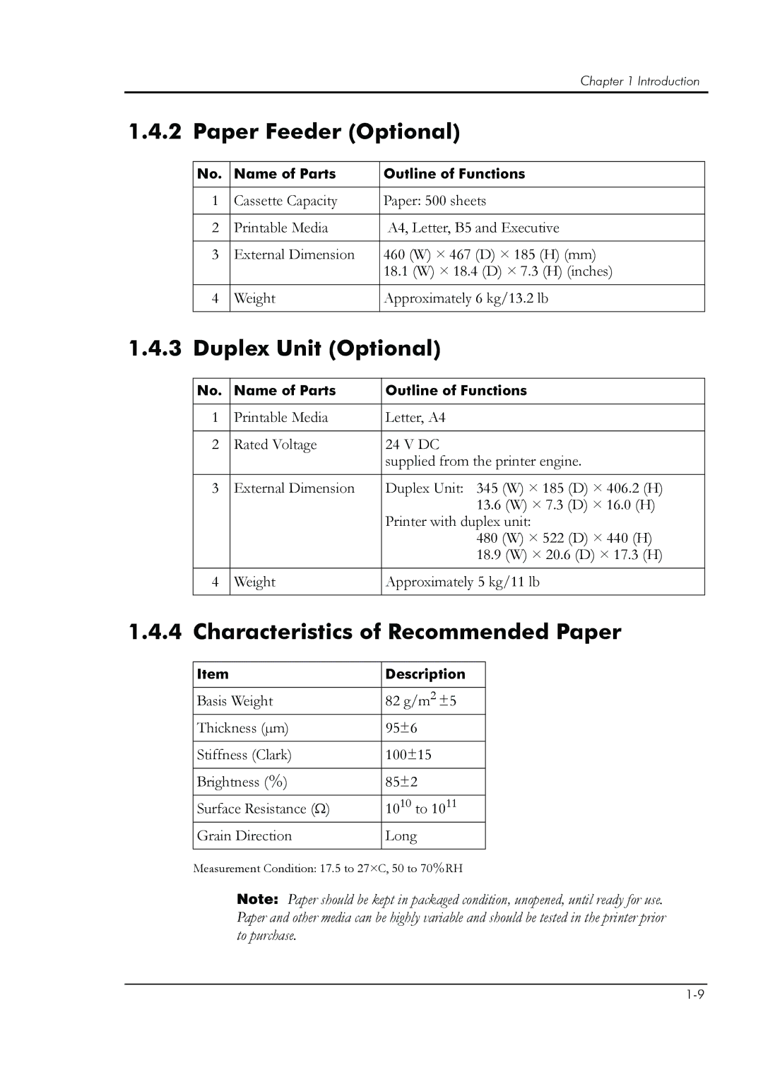 HP 8008N manual Paper Feeder Optional, Duplex Unit Optional, Characteristics of Recommended Paper 