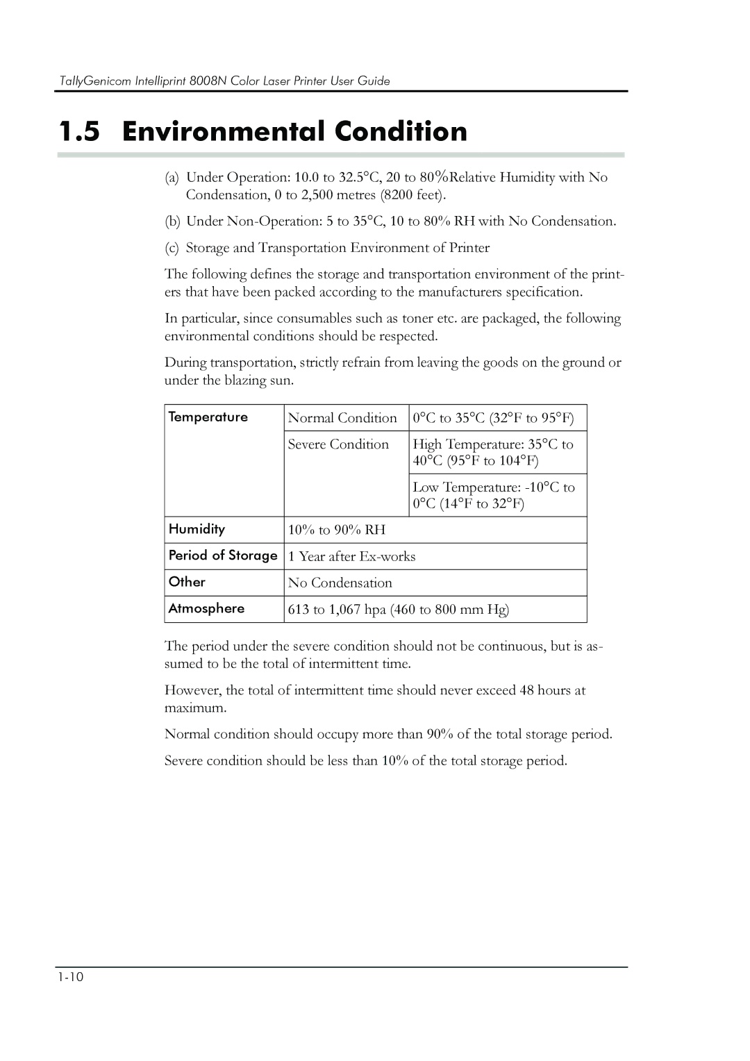 HP 8008N manual Environmental Condition 