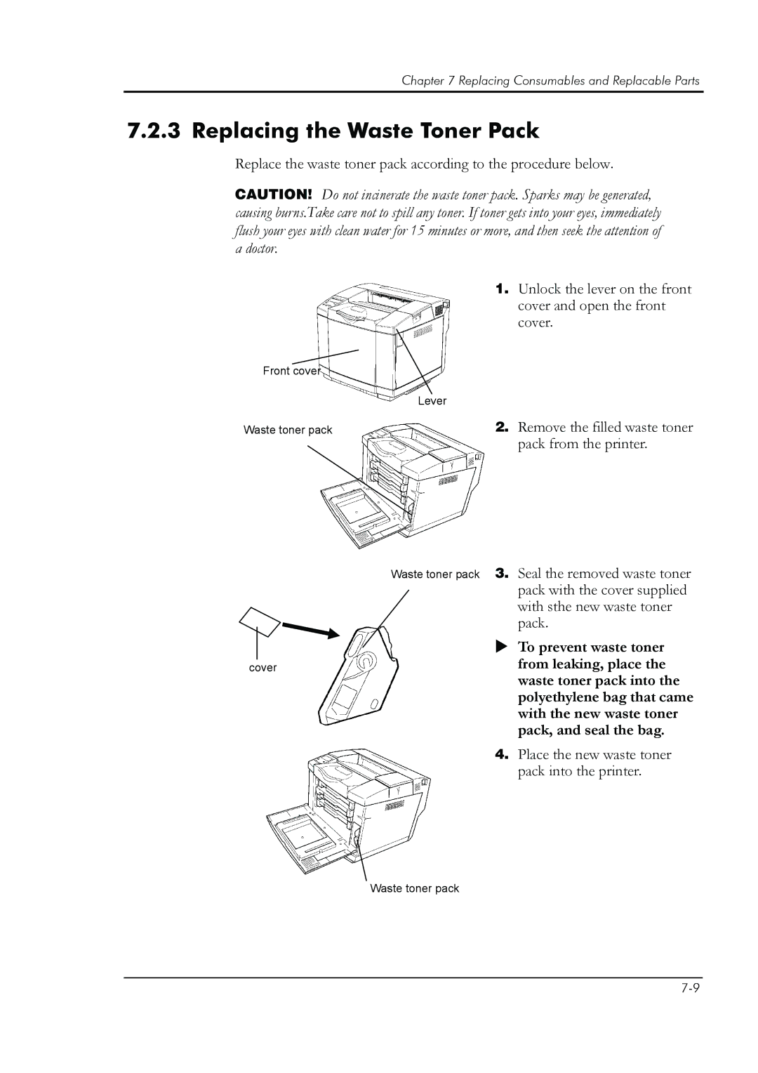 HP 8008N manual Replacing the Waste Toner Pack, Pack from the printer 