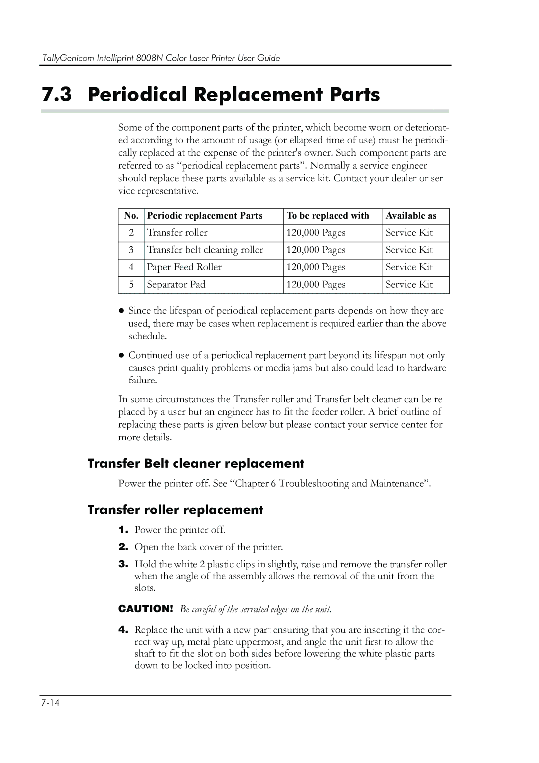 HP 8008N manual Periodical Replacement Parts, Transfer Belt cleaner replacement, Transfer roller replacement 