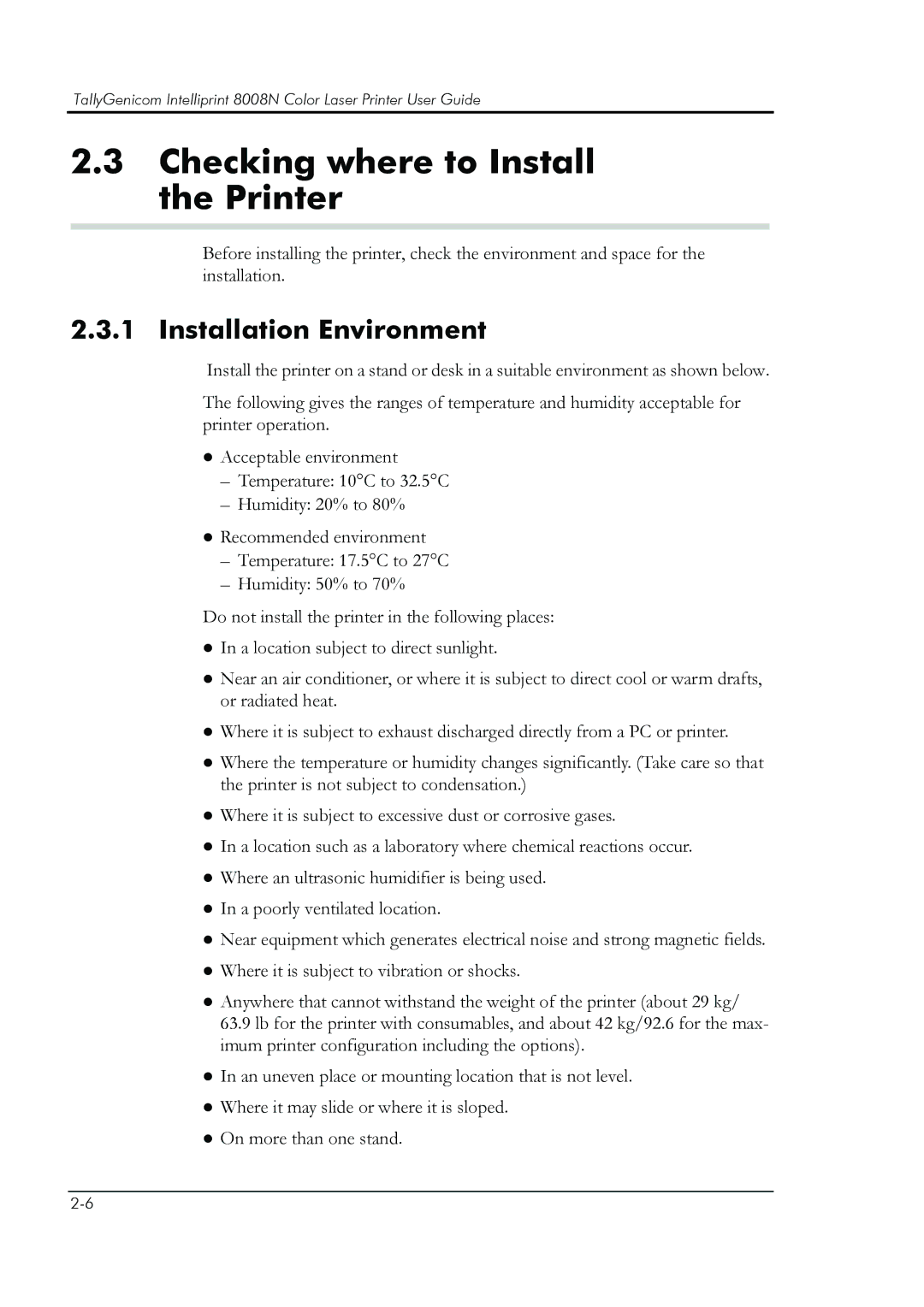 HP 8008N manual Checking where to Install the Printer, Installation Environment 