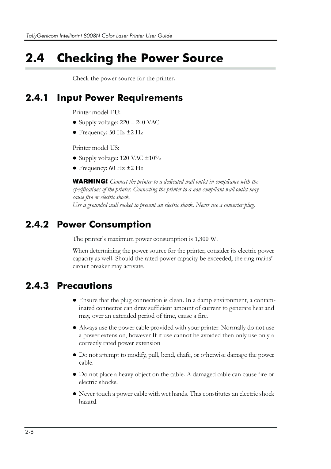 HP 8008N manual Checking the Power Source, Input Power Requirements, Power Consumption, Precautions 