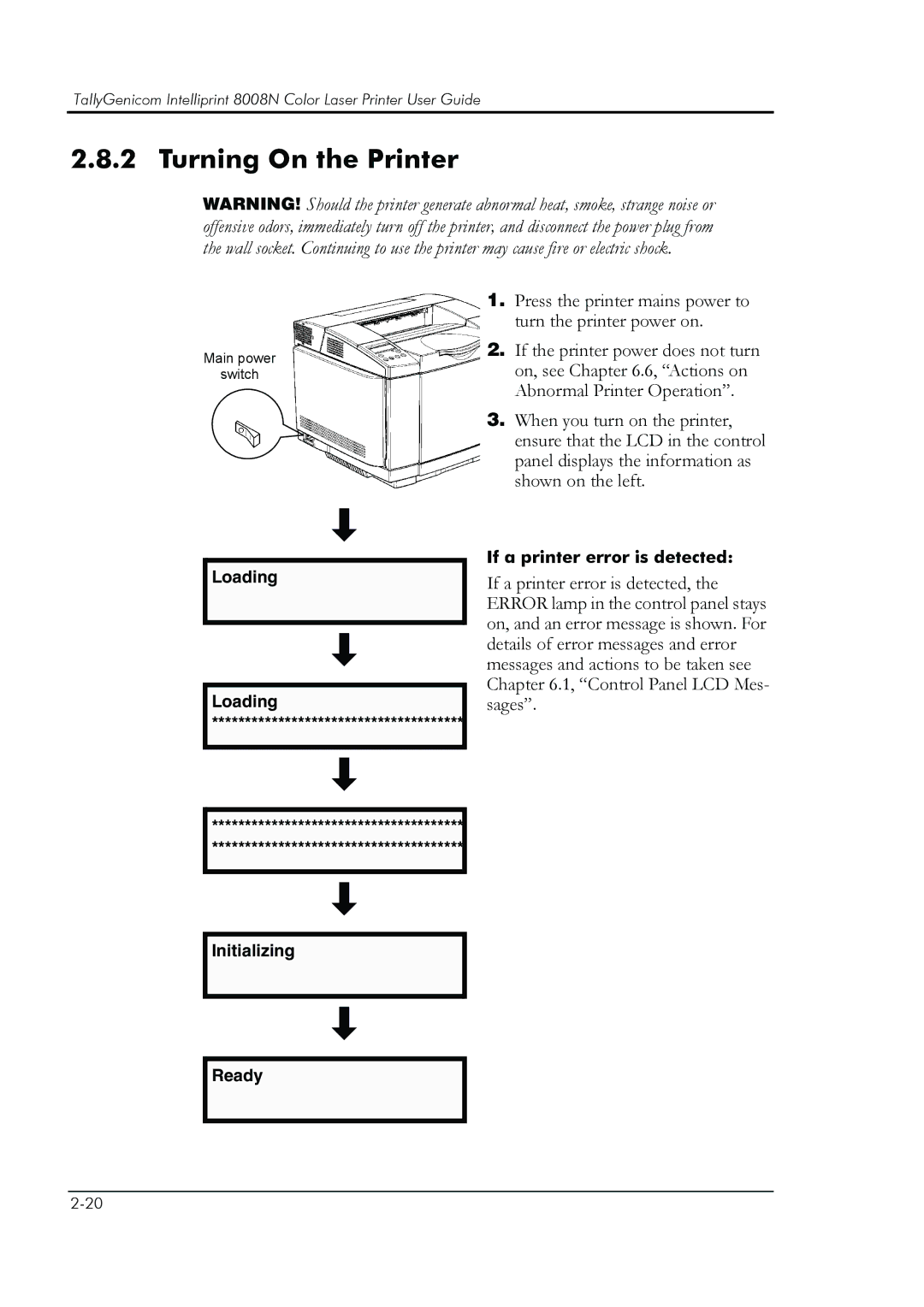 HP 8008N manual Turning On the Printer 