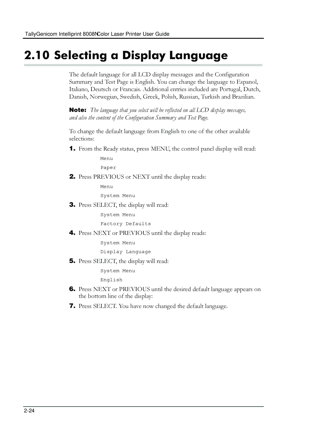 HP 8008N manual Selecting a Display Language 