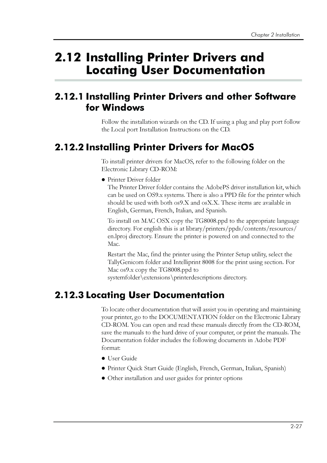 HP 8008N manual Installing Printer Drivers and Locating User Documentation, Installing Printer Drivers for MacOS 