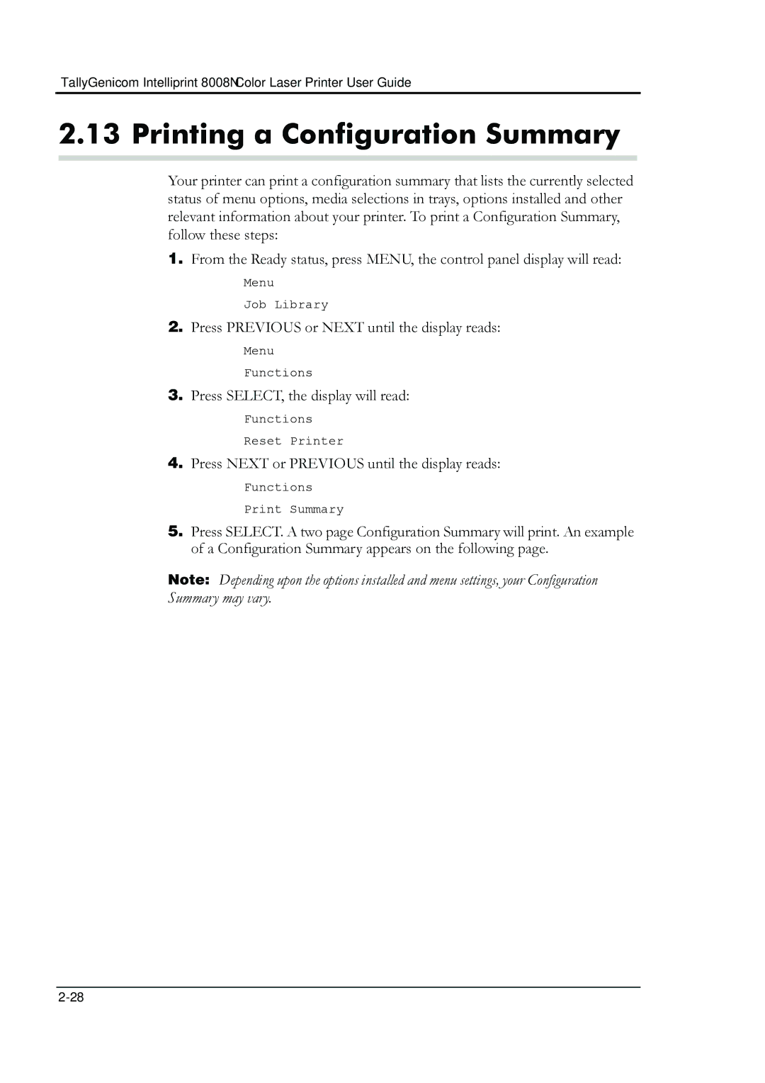 HP 8008N manual Printing a Configuration Summary 