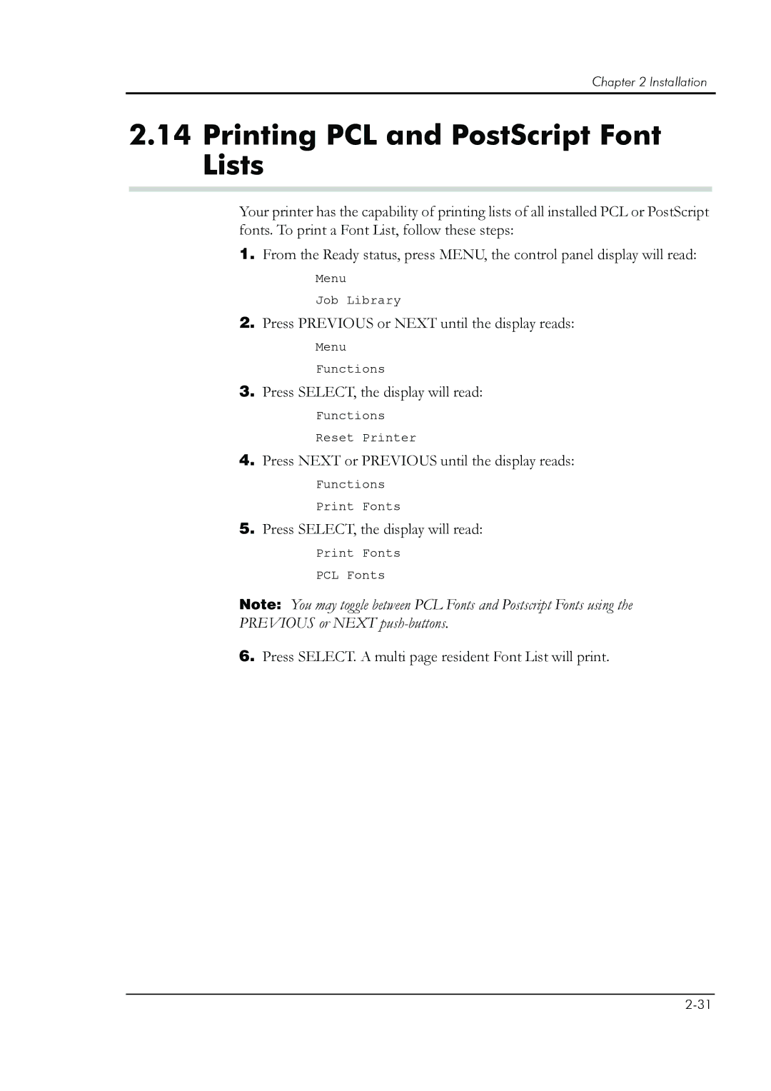 HP 8008N manual Printing PCL and PostScript Font Lists, Previous or Next push-buttons 