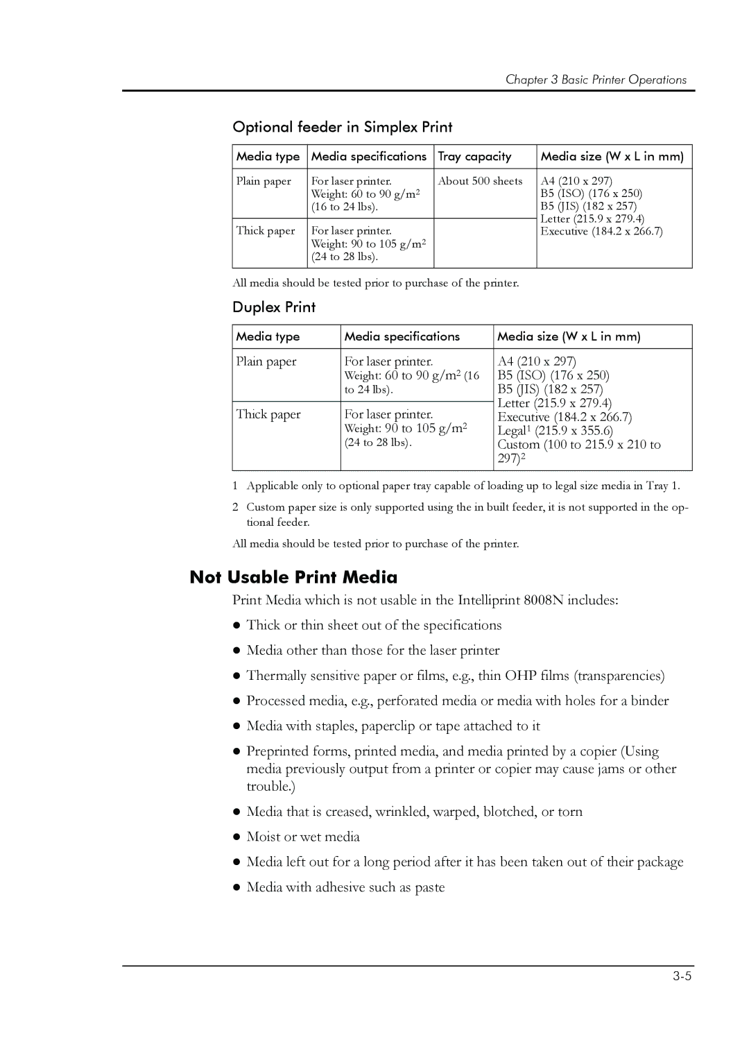 HP 8008N manual Not Usable Print Media, Optional feeder in Simplex Print 