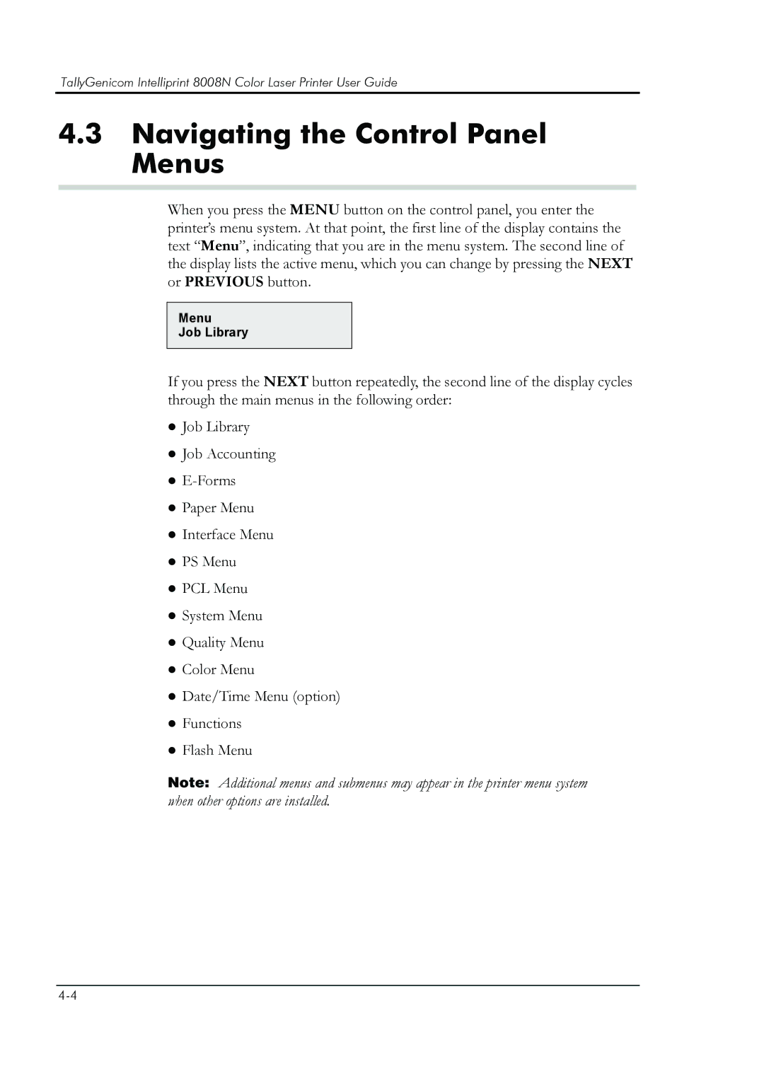 HP 8008N manual Navigating the Control Panel Menus 