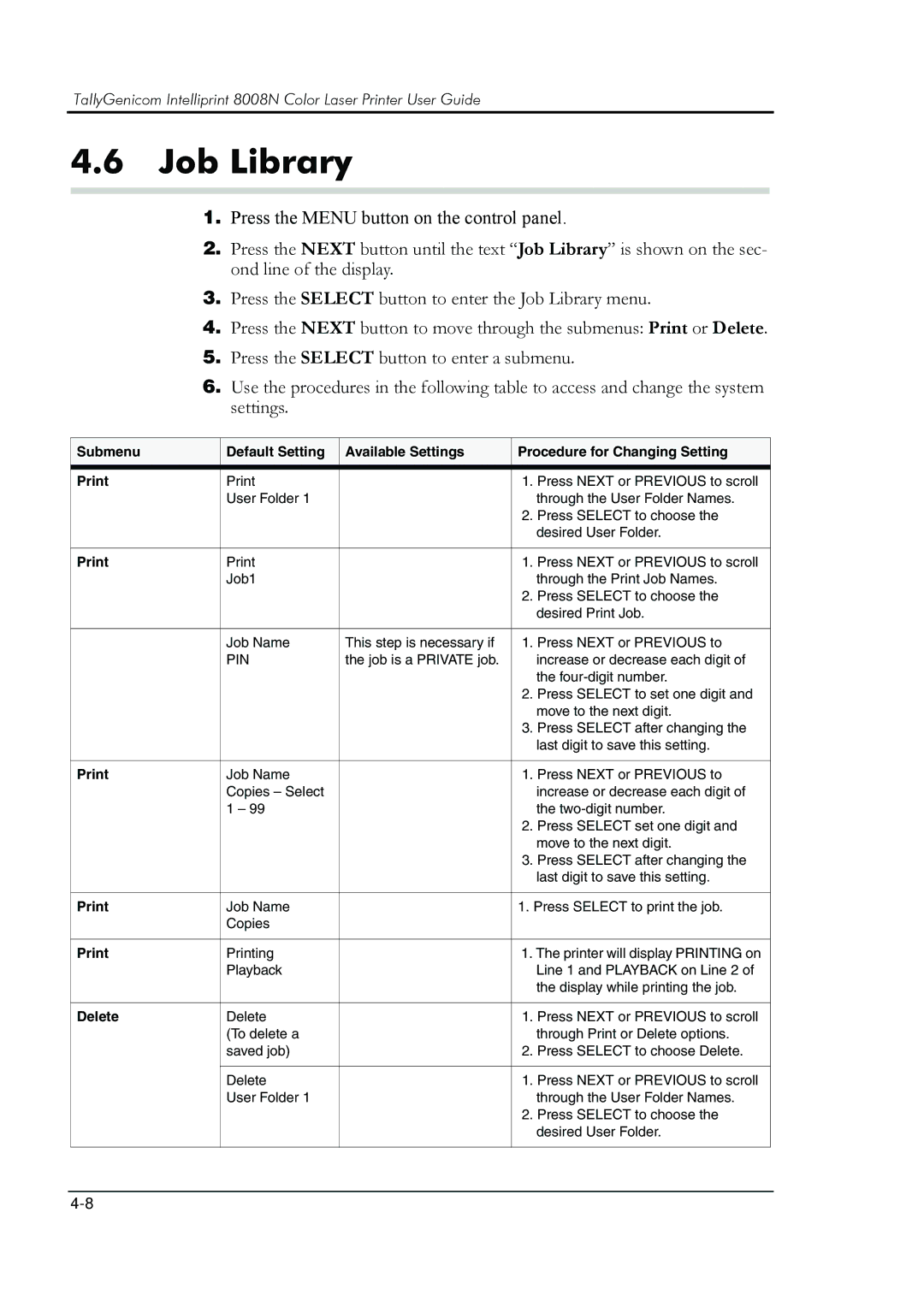 HP 8008N manual Job Library, Delete 