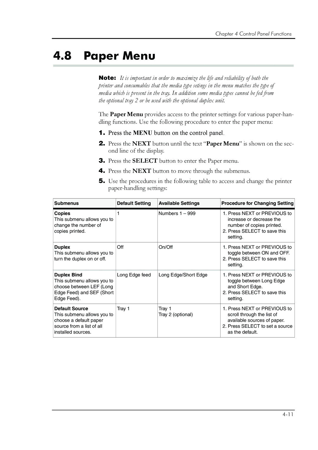 HP 8008N manual Paper Menu, Duplex Bind, Default Source 