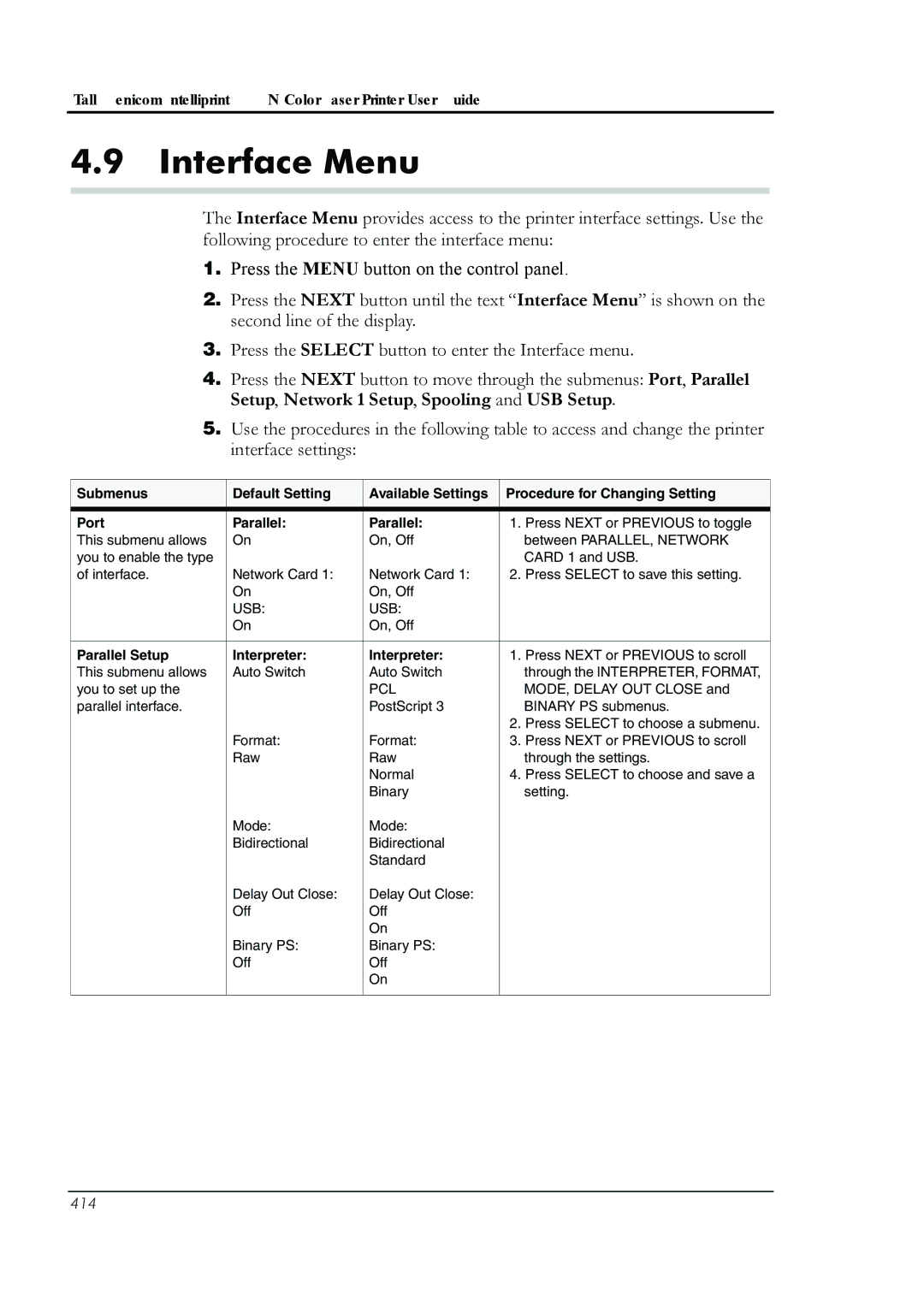 HP 8008N manual Interface Menu, Parallel Setup Interpreter 