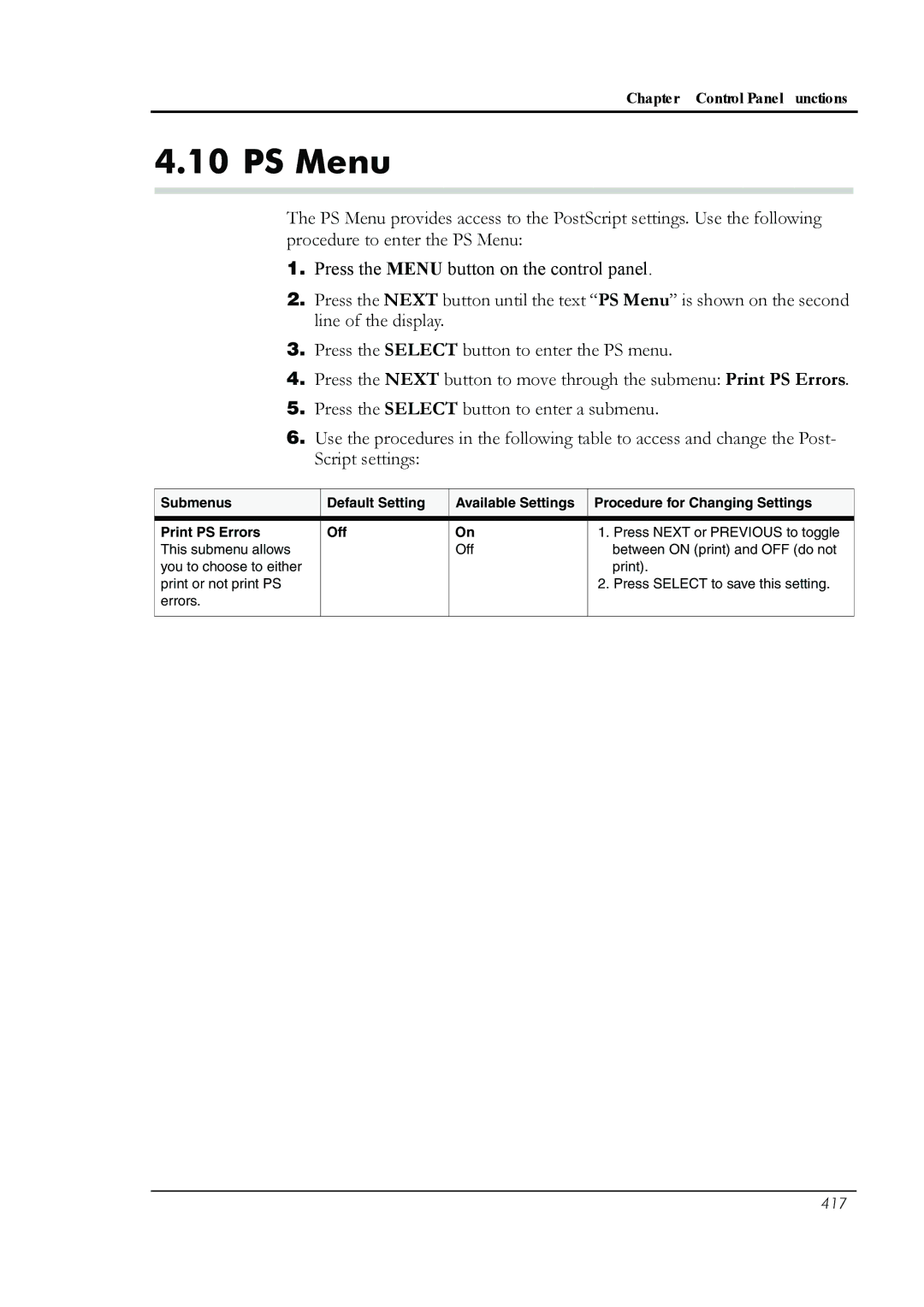 HP 8008N manual PS Menu 