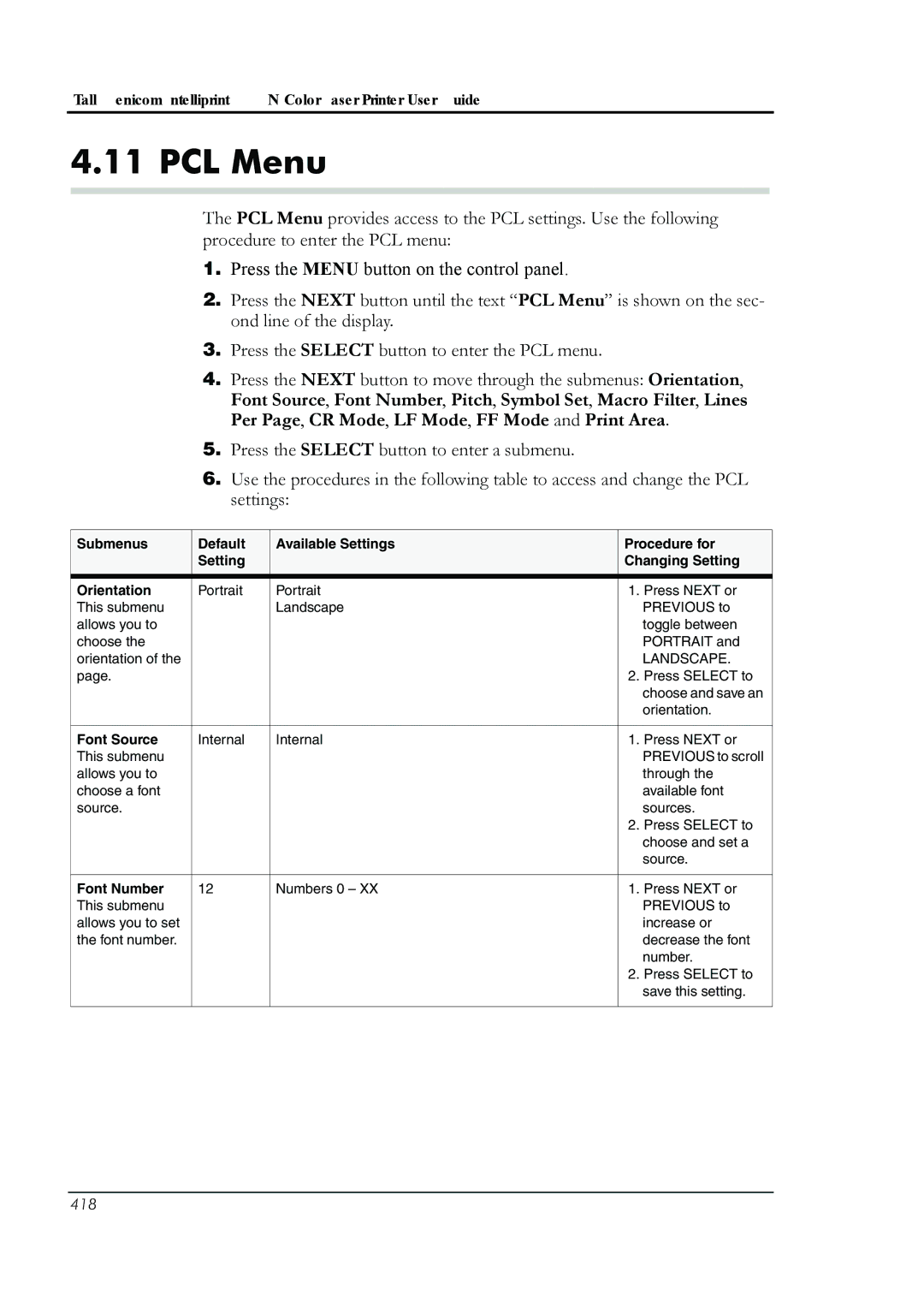 HP 8008N manual PCL Menu, Font Source, Font Number 