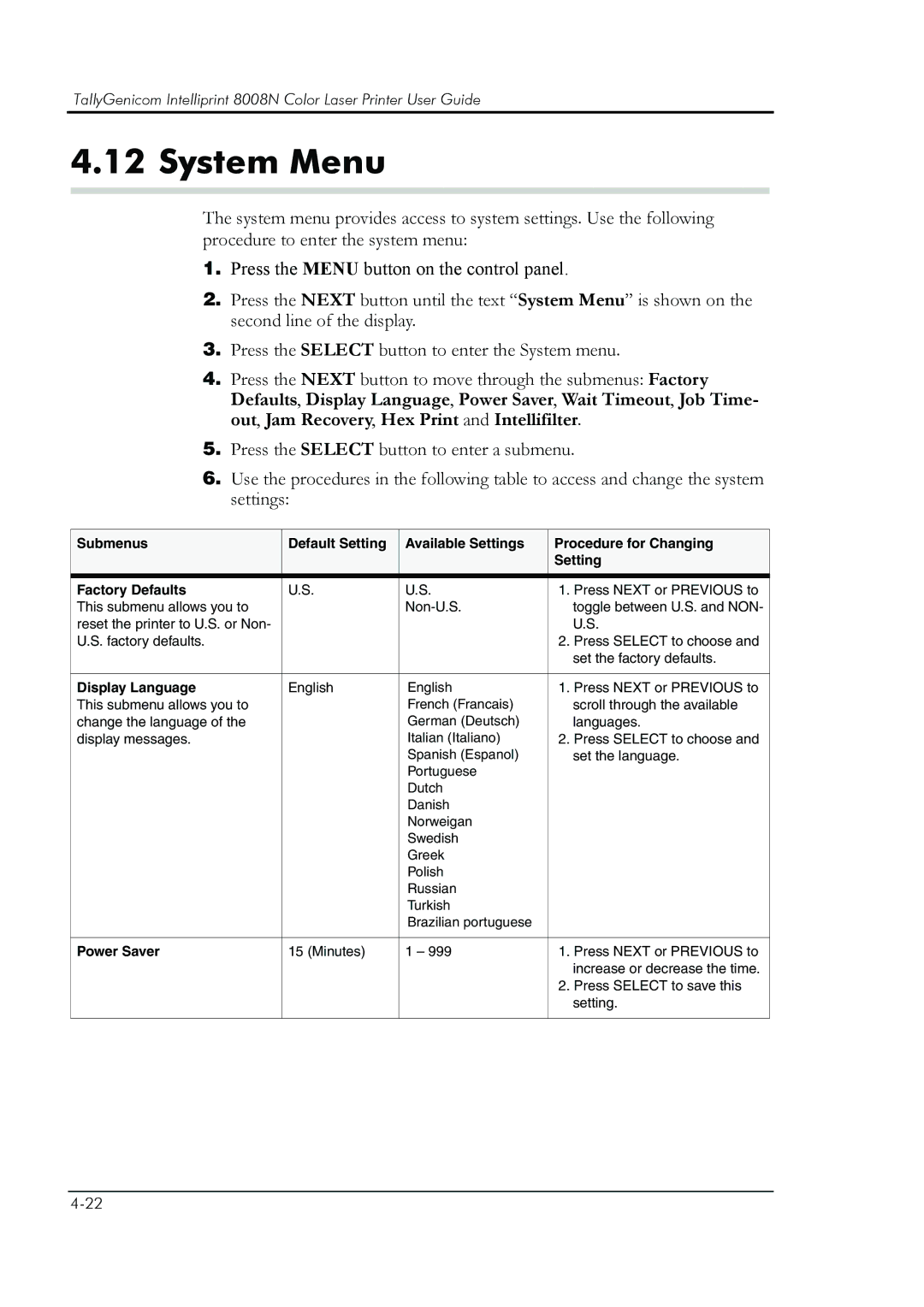 HP 8008N manual System Menu, Display Language, Power Saver 