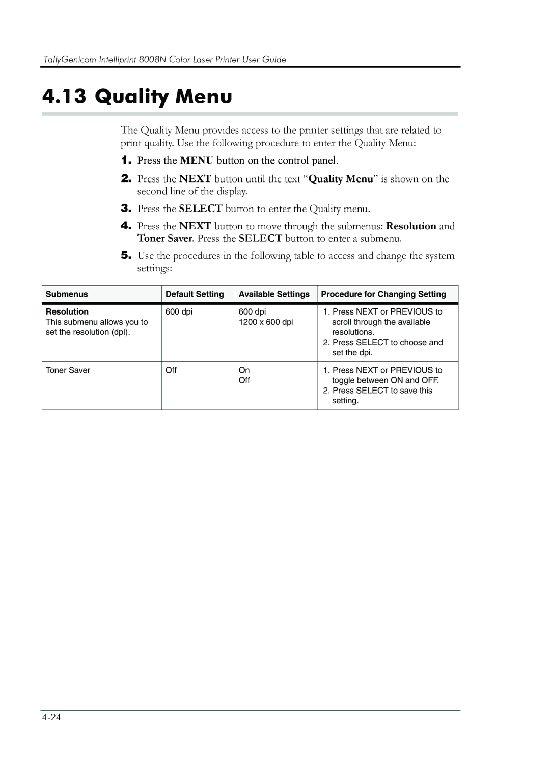 HP 8008N manual Quality Menu 