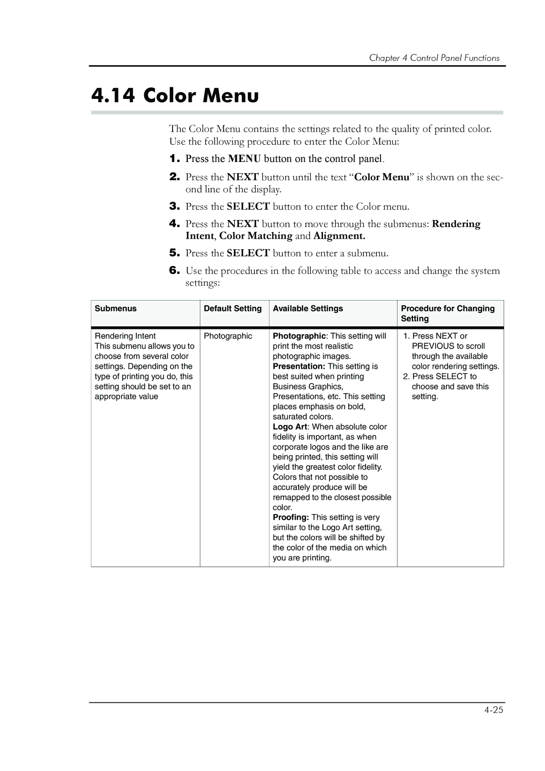 HP 8008N manual Color Menu 