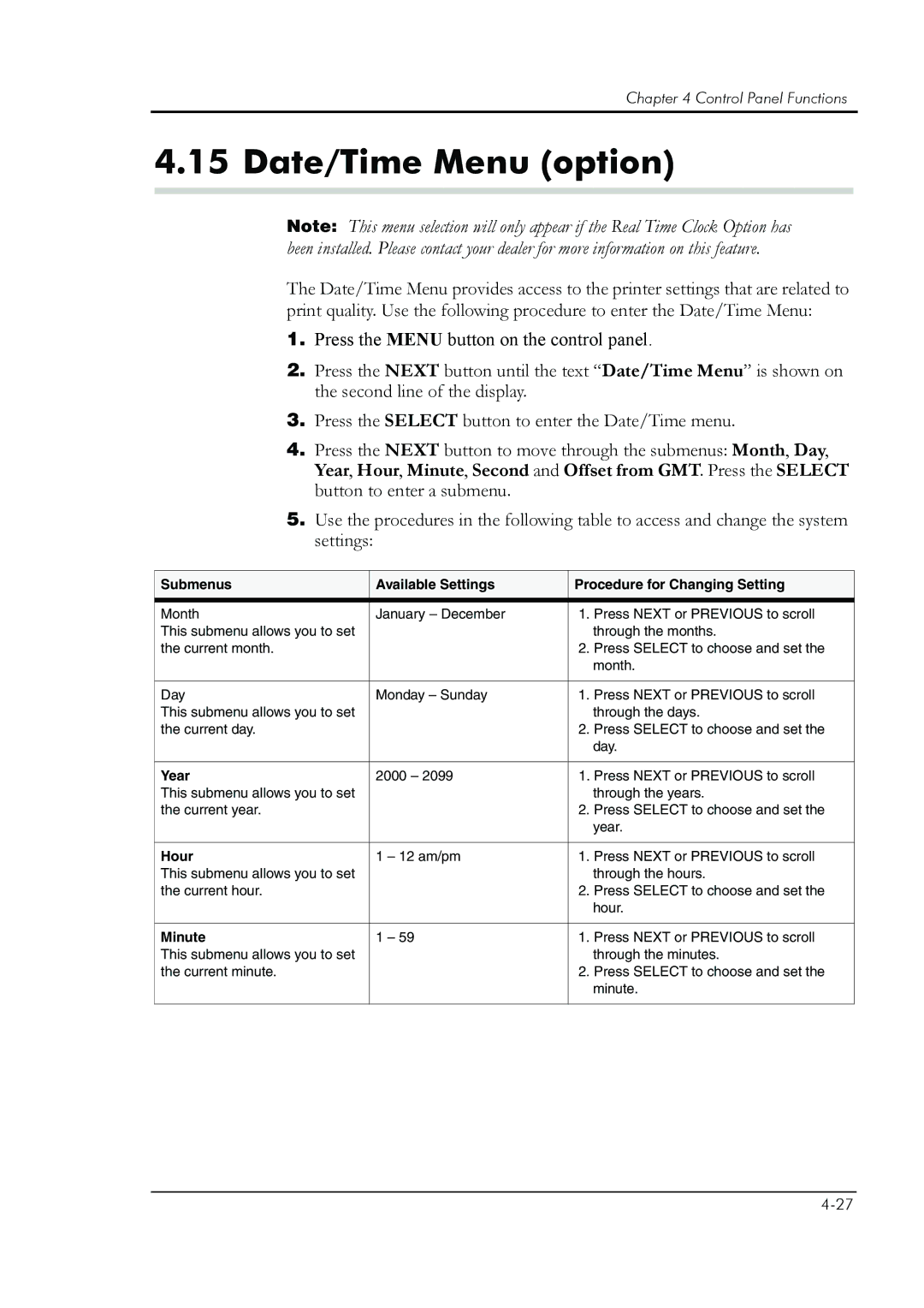 HP 8008N manual Date/Time Menu option, Submenus Available Settings Procedure for Changing Setting, Year, Hour, Minute 