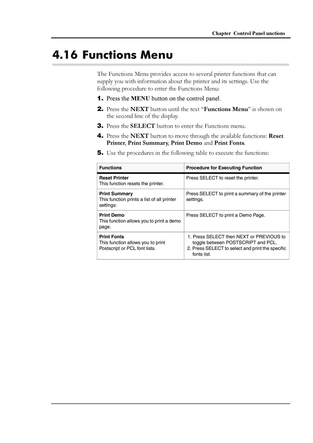 HP 8008N Functions Menu, Functions Procedure for Executing Function Reset Printer, Print Summary, Print Demo, Print Fonts 