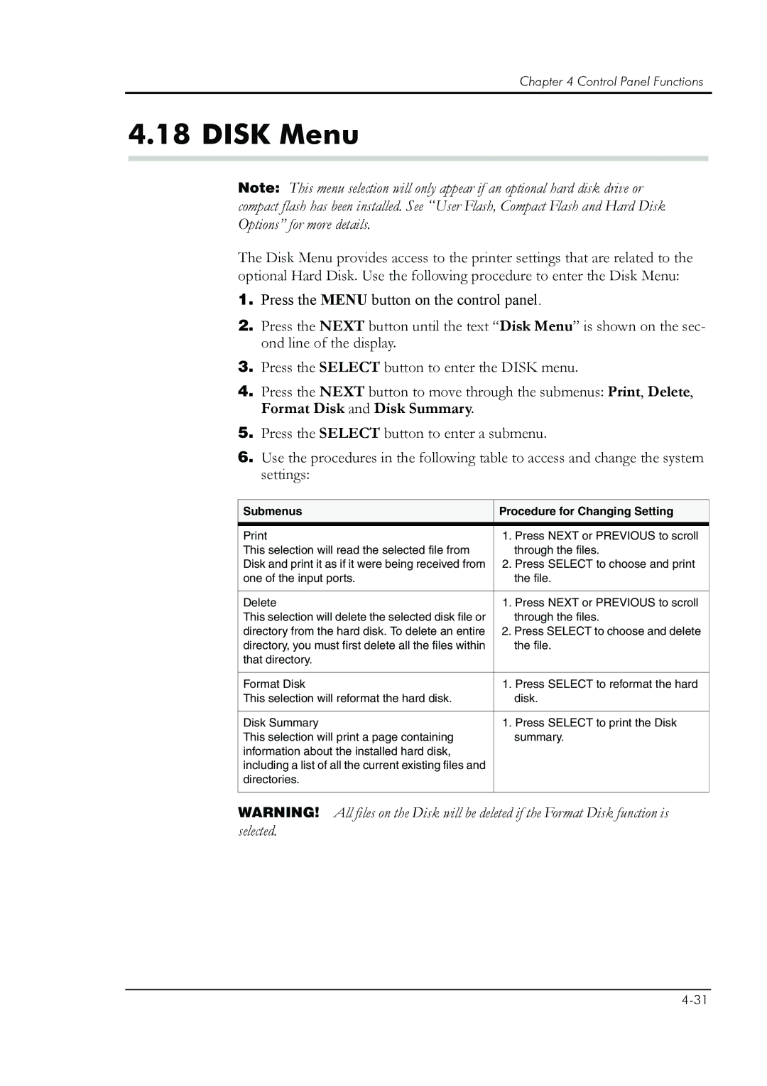 HP 8008N manual Disk Menu, Submenus Procedure for Changing Setting 