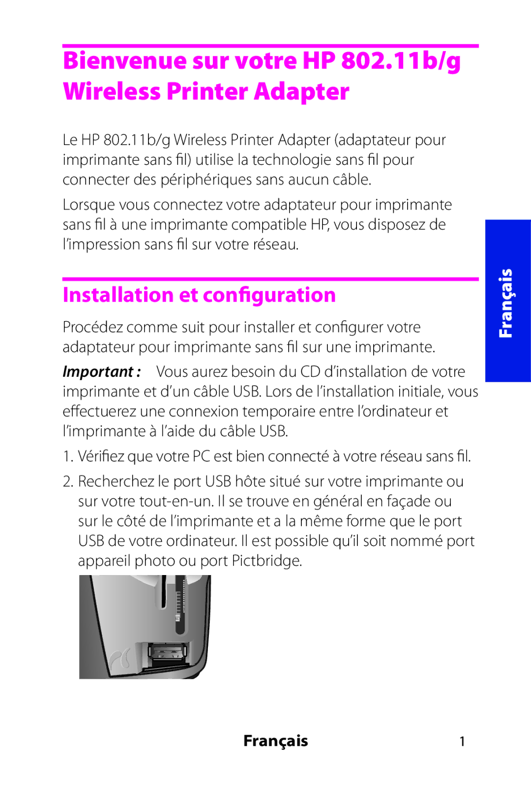 HP 802.11 b/g Adapter manual Installation et configuration, Français1 